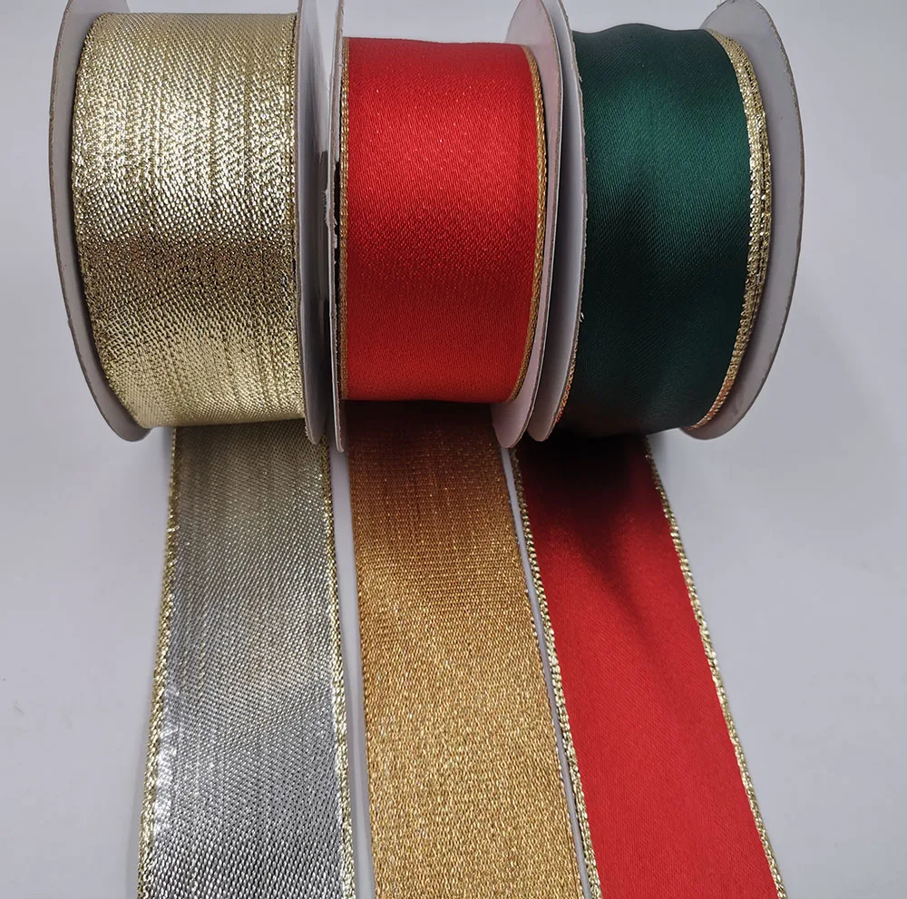 38MM Red Gold Reversible Metallic Wired Ribbon for Christmas Tree Decorations Bow Making New Year Gift Wrapping 10Yards Roll