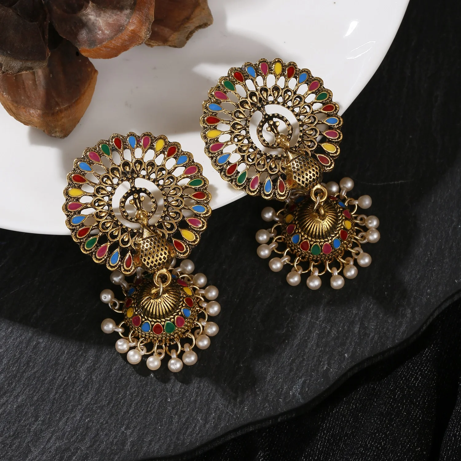 Vintage Turkish Green Peacock Indian Ladies Earrings&Ring Set Classic Gold Color Alloy Earrings Gypsy Tribal Jewelry