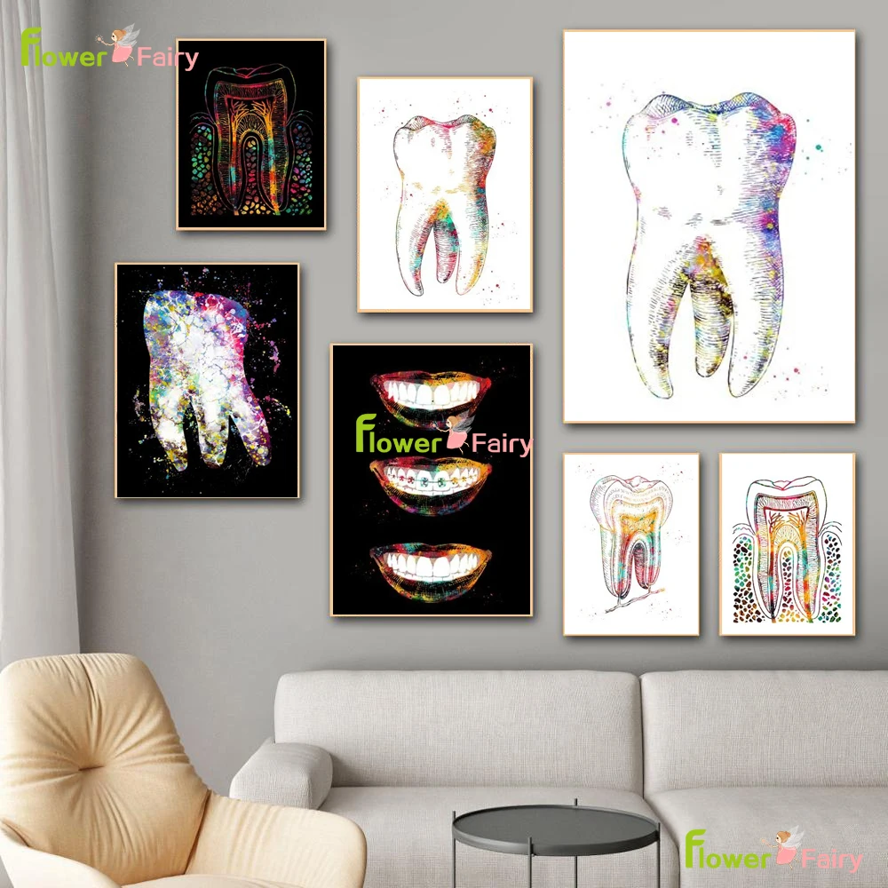 WTEVMAIY Art Dentaire FéE Des Dents Toile tableau Peinture Aquarelle Affiche Et HygiéNiste Dentaire Murale Art Tableaux Pour La Decoration IntéRieure Sans Cadre 40×50cm×3 PièCes