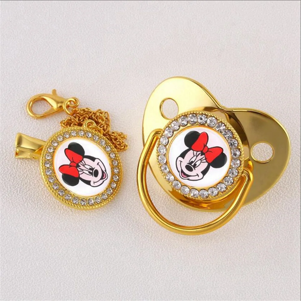 Mickey Mouse Printed Gold Rose Bling Dummy Pacifier Clip Baby Teething Lollipops Rhinestone Cute Baby Newborn Shower Gift Babes