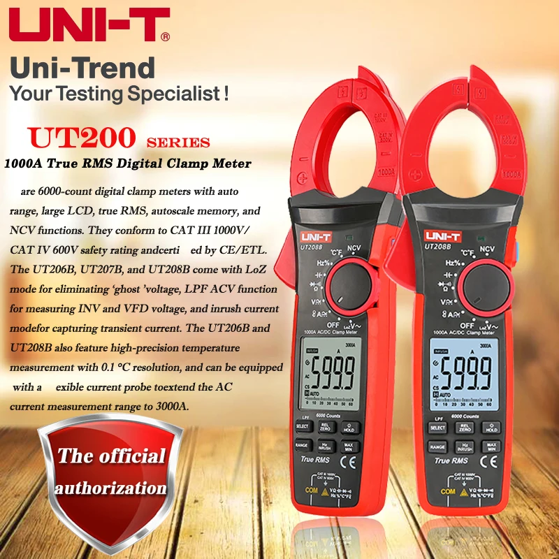 

UNI-T UT206B / UT207B / UT208B 1000A True RMS Digital Clamp Meter; intelligent electrician digital display universal meter