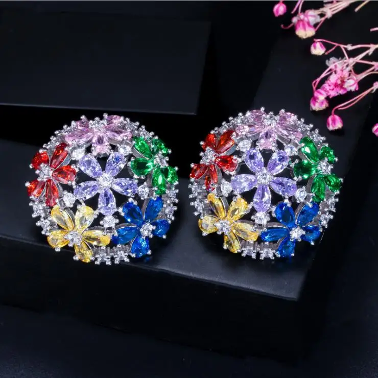 Fashion luxury Earrings woman Pin full crystal flower AAA Zircon Ear studs Colorful sparkling Cubic Zircon stud Earrings