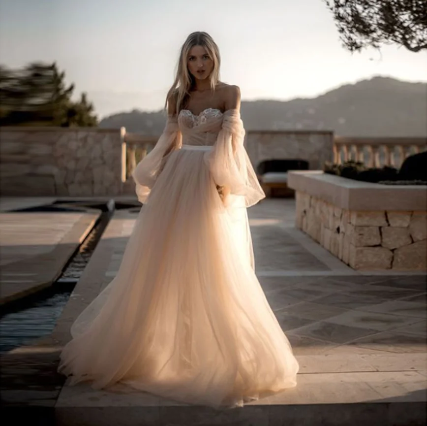 Sweetheart Ivoor Kleur Applicaties Pleats Bubble Mouw Tulle Een Lijn Boho Trouwjurken 2020 Vestidos De Novia