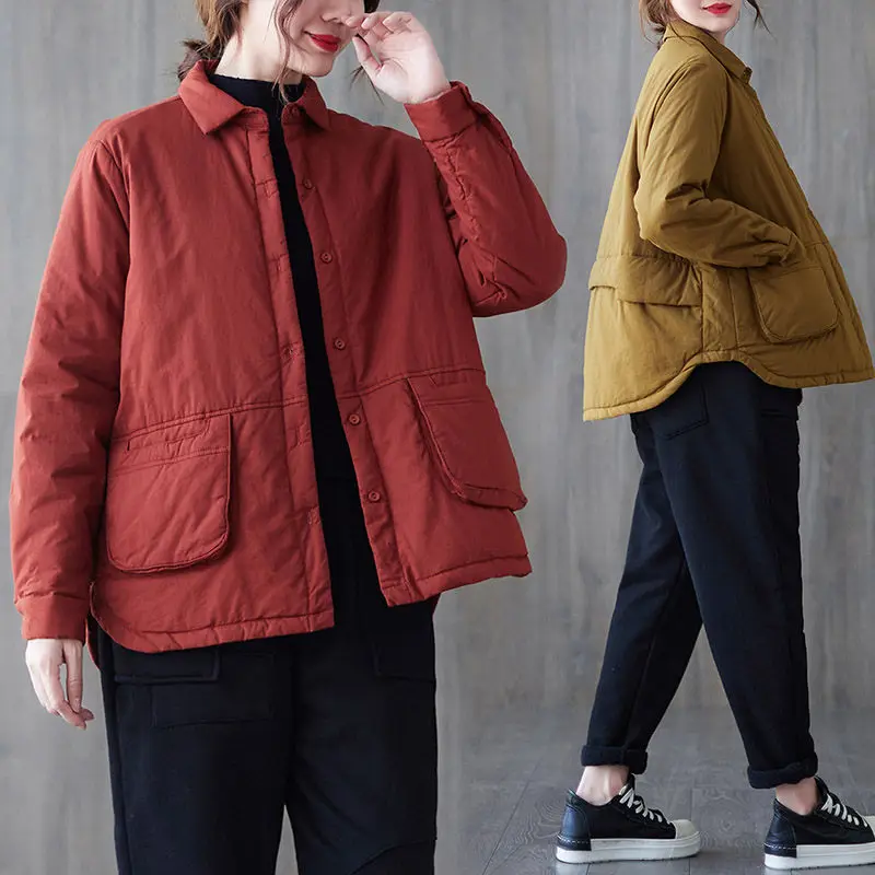 

Retro Single-Breasted Quilted Jacket Women Autumn Winter 2021 New Loose Commuter Long Sleeve Pocket Padded Coat Chaqueta M1163