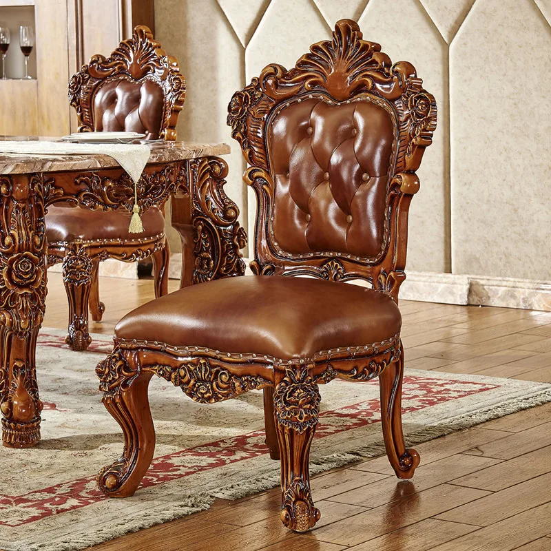 European Leather Dining Chair Solid Wood Antique Dark Dining Chair Double-sided Carved Villa Hotel Large Apartment Master Chair