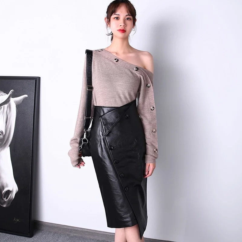 Genuine 100% Leather Skirt Women High Waist Elegant Ladies Slim Fit Wrap Skirts Office Soft Sheepskin Buttons Asymmetrical Skirt