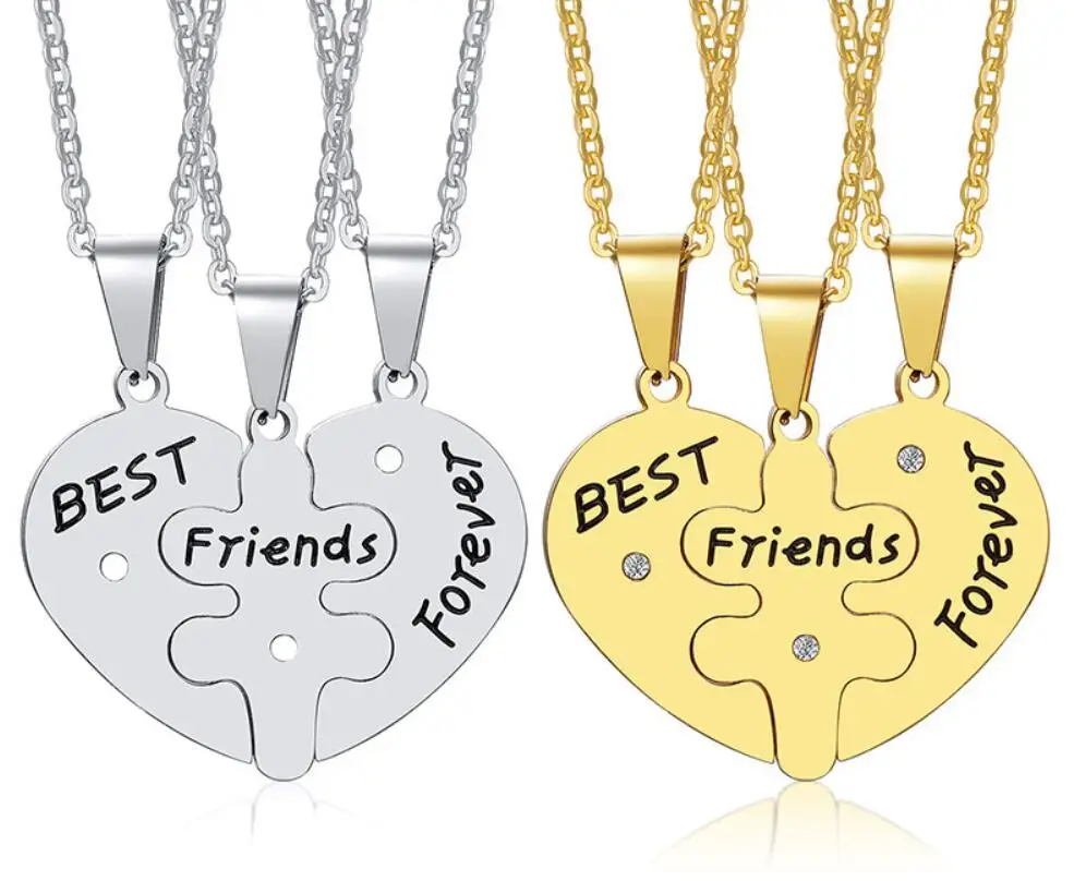 Stainless steel 3 piece set Best Friends Forever Friendship Heart Puzzle Pendant Necklace