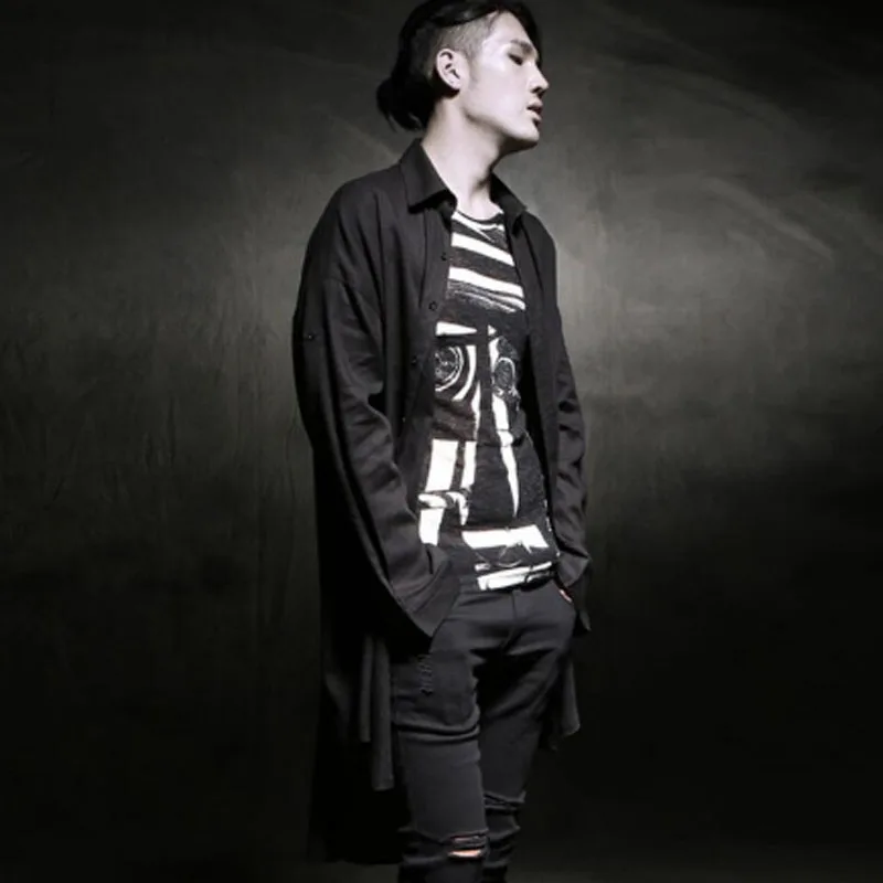 Men long shirt black white punk hip hop cloak blouse nightclub DJ singer hiphop stage costume men casual cape clothes 2018