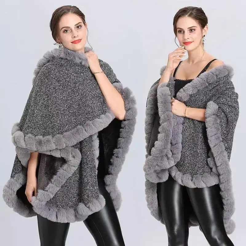 SWYIVY-Poncho cape en fourrure de renard pour femme, grand col en gel, pardessus en cachemire tricoté Everak, robe de soirée en fourrure, châle enveloppant, nouvelle mode, hiver