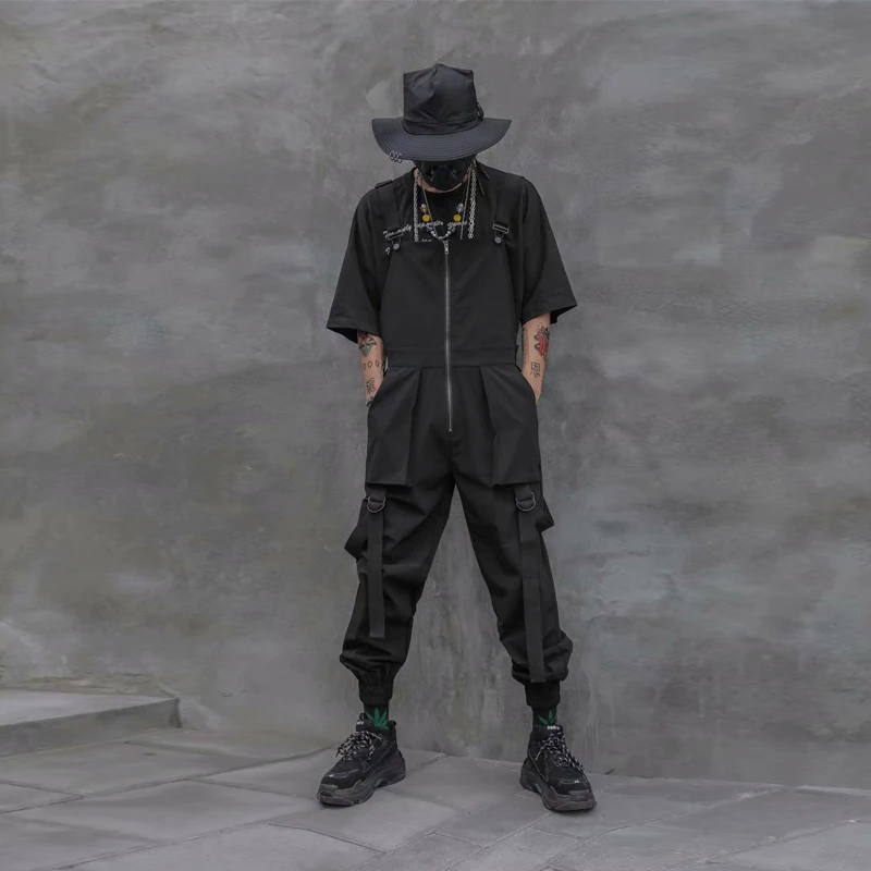 Fashion Men Jumpsuit Joggers Thin Casual Overalls Black Trousers Adjustable Straps Suspenders Cool Cargo Pants Street Rompers