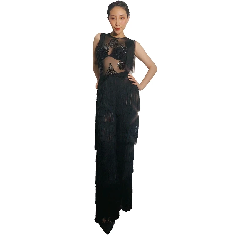 Sexy Mesh See Through Tassel Crystals Jumpsuit Female Singer Dancer Sexy Costume Nightclub Party Outfits Rave Festival Clothing