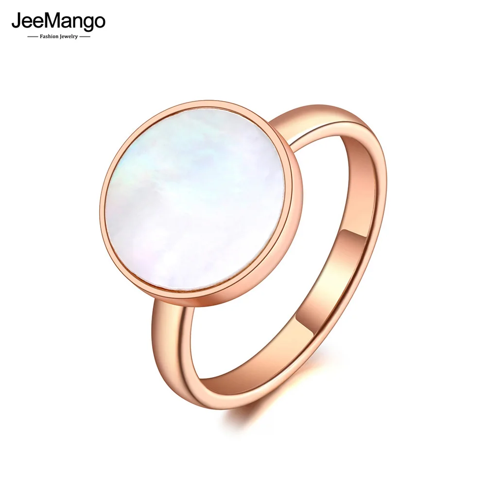 JeeMango Trendy Titanium Stainless Steel White Shell Party Ring Rose Gold Color Original Design Bohemia Ring For Women JR20051