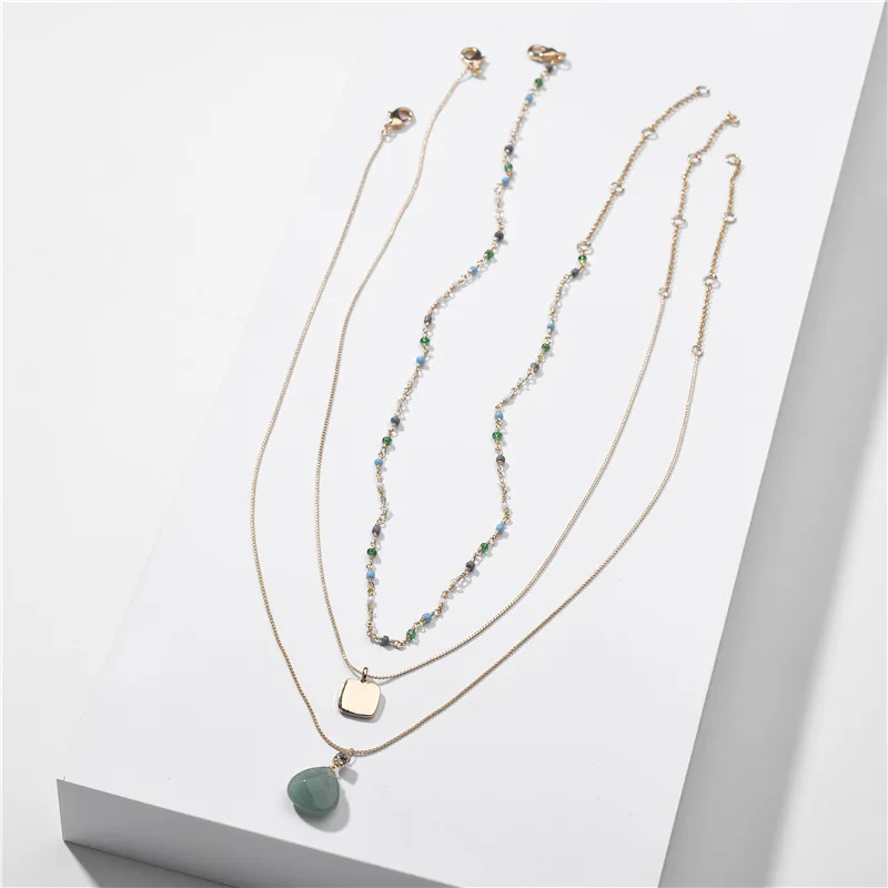 New Trendy Delicate Triple-Layered Necklace Short Chain Mini Layering Heart Shape Stone Pendant Necklaces Summer