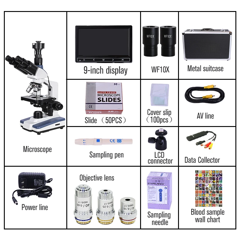 Professional blood cells 5MP Digital Trinocular HD biological Lab Microscope USB LED + electronic eyepiece +9-inch LCD+Metal box