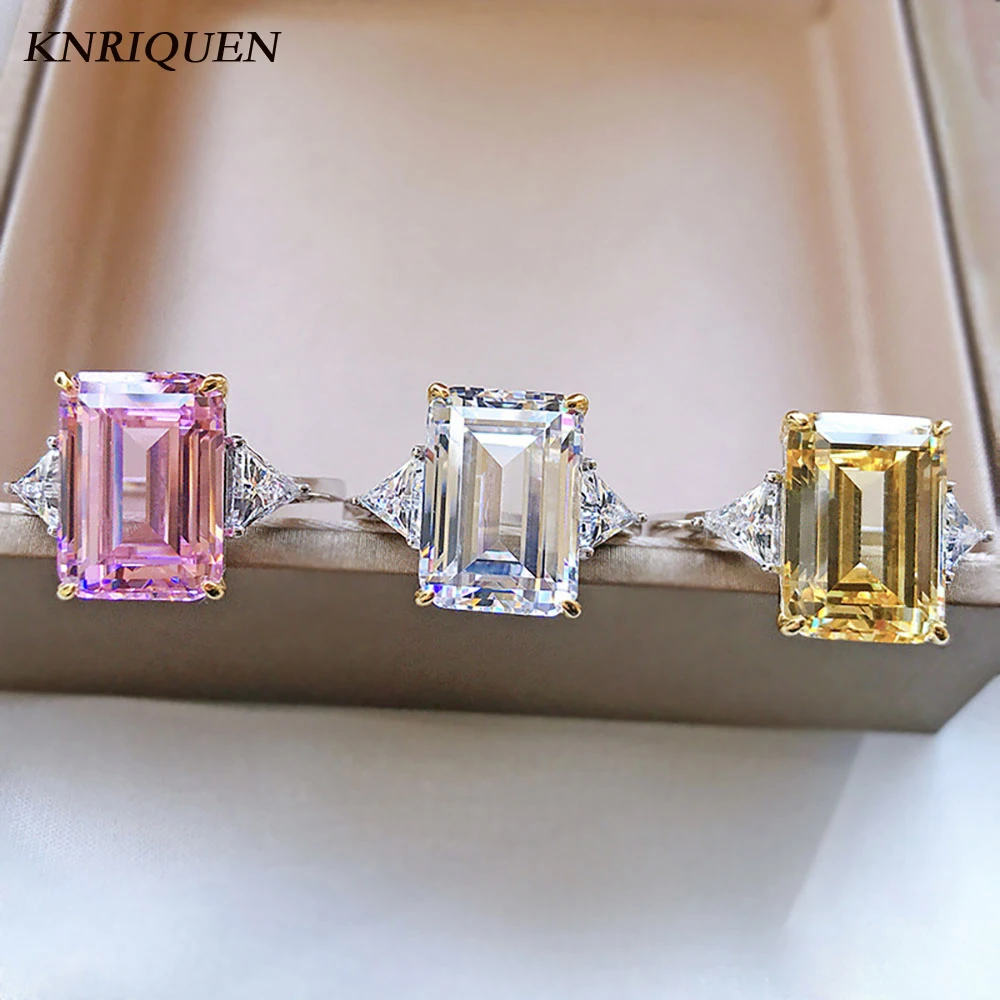 Vintage 925 Sterling Silver Women's Rings 10*14mm Emerald Cut Topaz Pink Quartz Lab Diamond Gemstone Wedding Bands Fine Jewelry