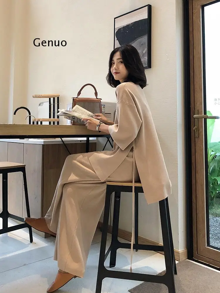 

Knitting Sweater Pantsuit Women Two Piece Set Knitted Pullover Suits Long Sleeve V-neck Bandage Top Wide Leg Pants Suit Women