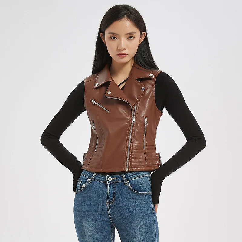 New pu leather waistcoat women motorcycle vest coat sleeveless vests spring Autumn New High Quality Sleeveless Zipper Vests Tops