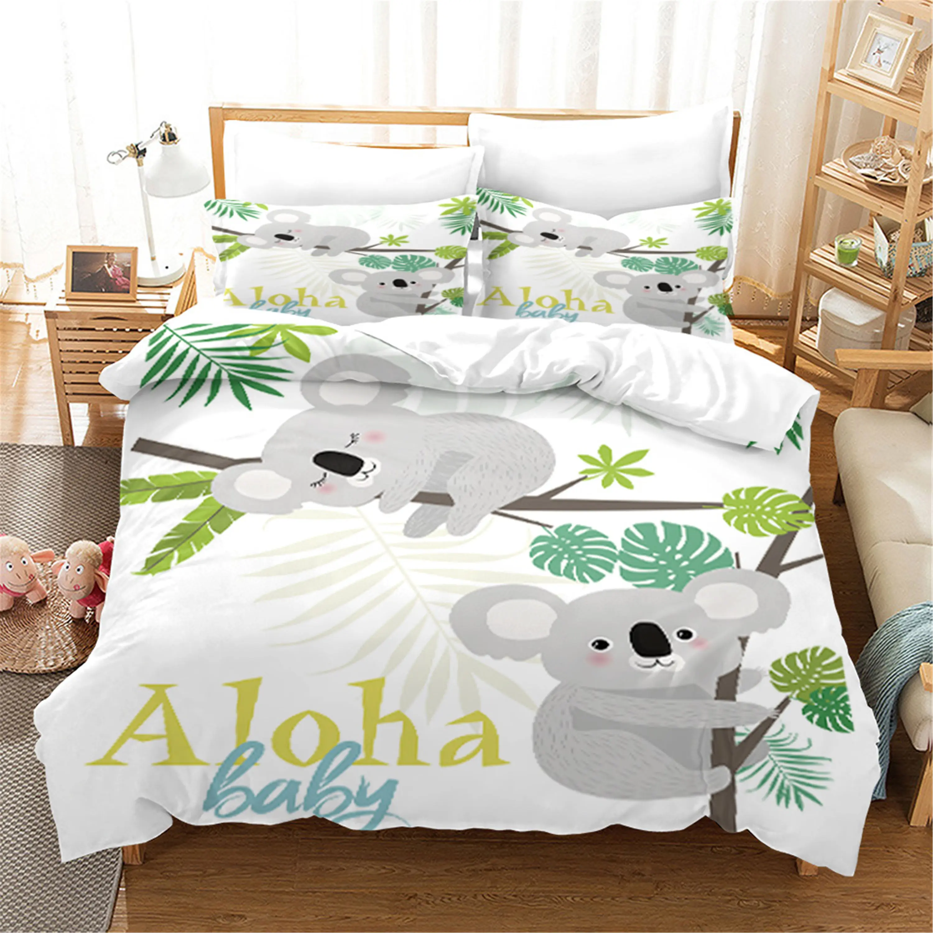 

White Cartoon Cute Koala Bedding Set Aniaml Duvet Cover With Pillowcase 2/3PCS Bed Set Children Kids Gift bed linen