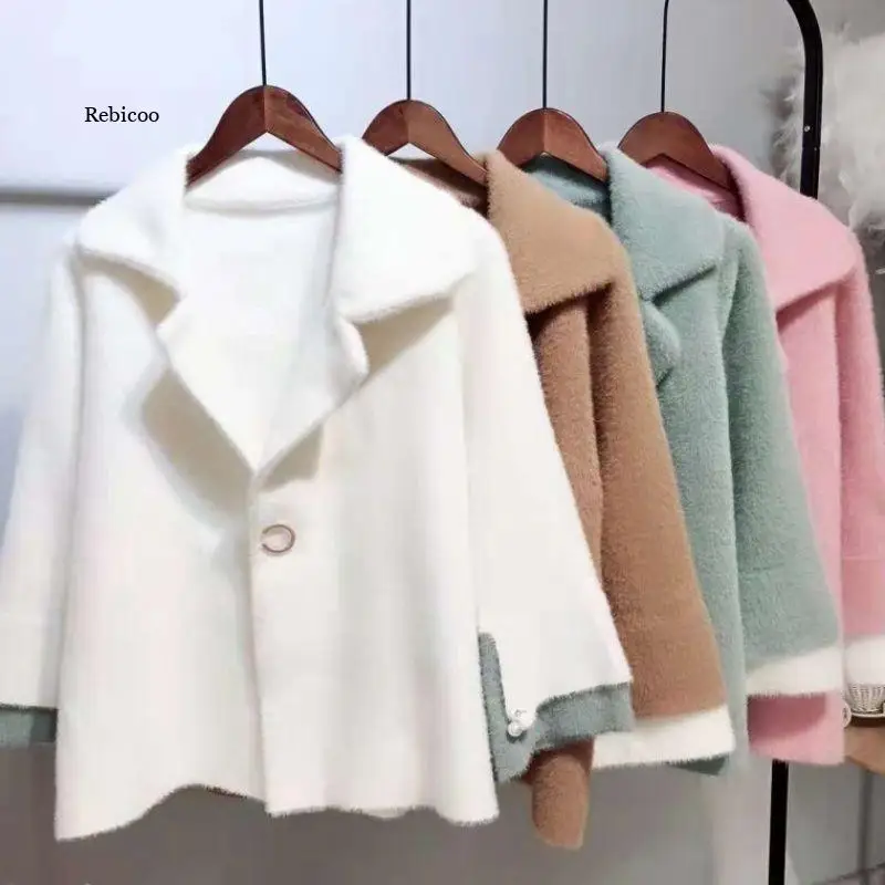 

Sweater female autumn and winter new coat cardigan belt solid color pocket loose sweater top thick warm