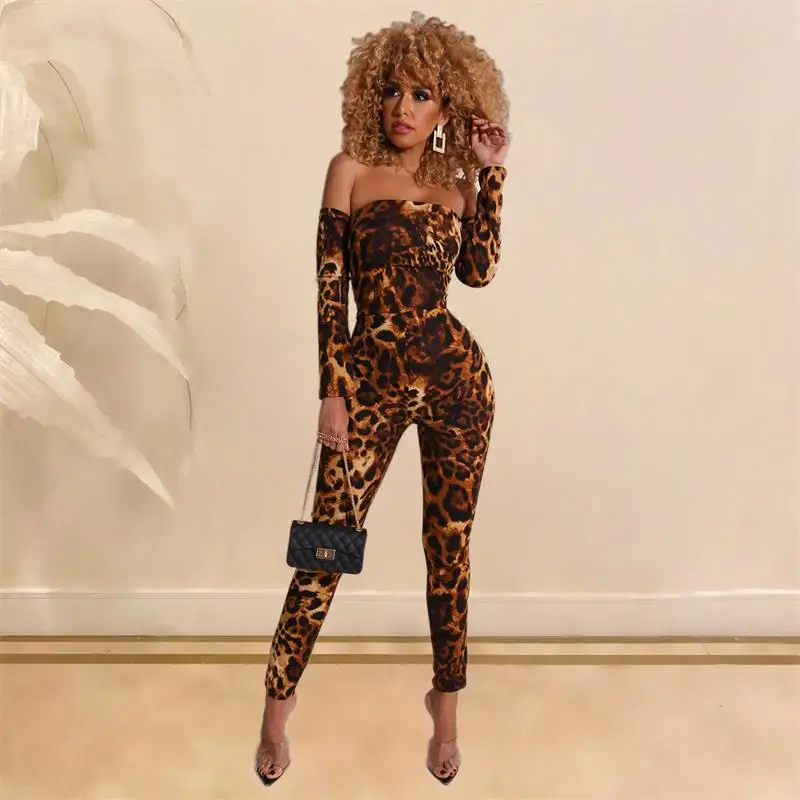 New leopard print long sleeve autumn women jumpsuit women's Pants brown Fashion Slim Ladies Sexy Bodycon Jumpsuits