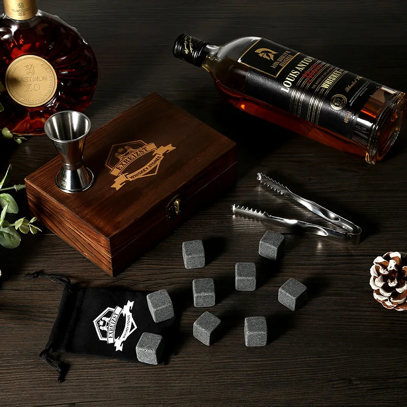 Whiskey Stones Gift Set 9 Granite Chilling Stones Whisky Rocks Reusable Ice Cubes With Jigger Best Drinking Gifts for Men