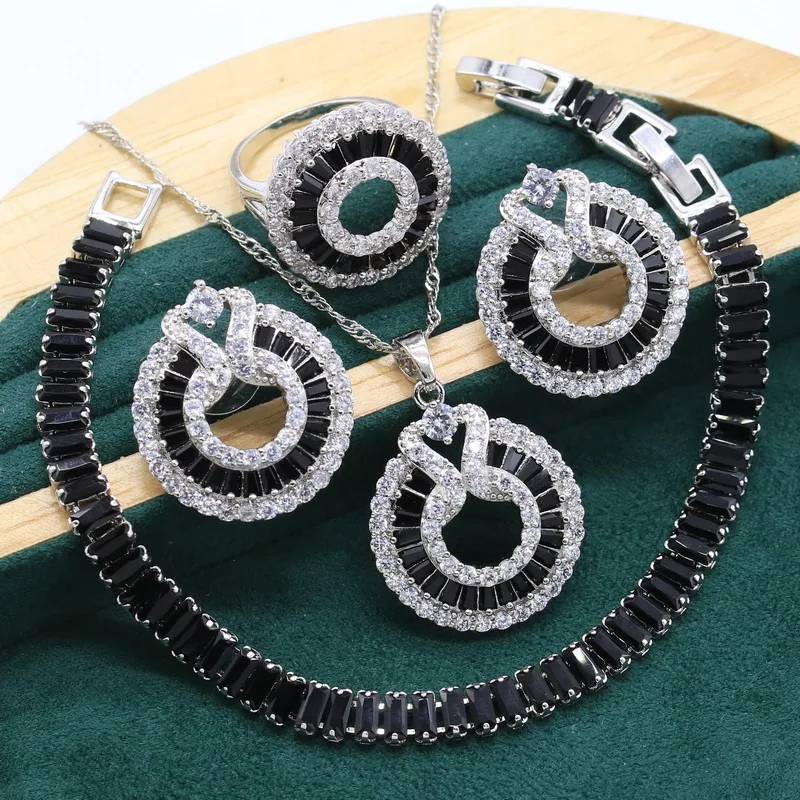 Silver Jewelry Set For Women Wedding Luxurious Black Crystal Bracelet Earrings Necklace pendant Ring Birthday  Gift