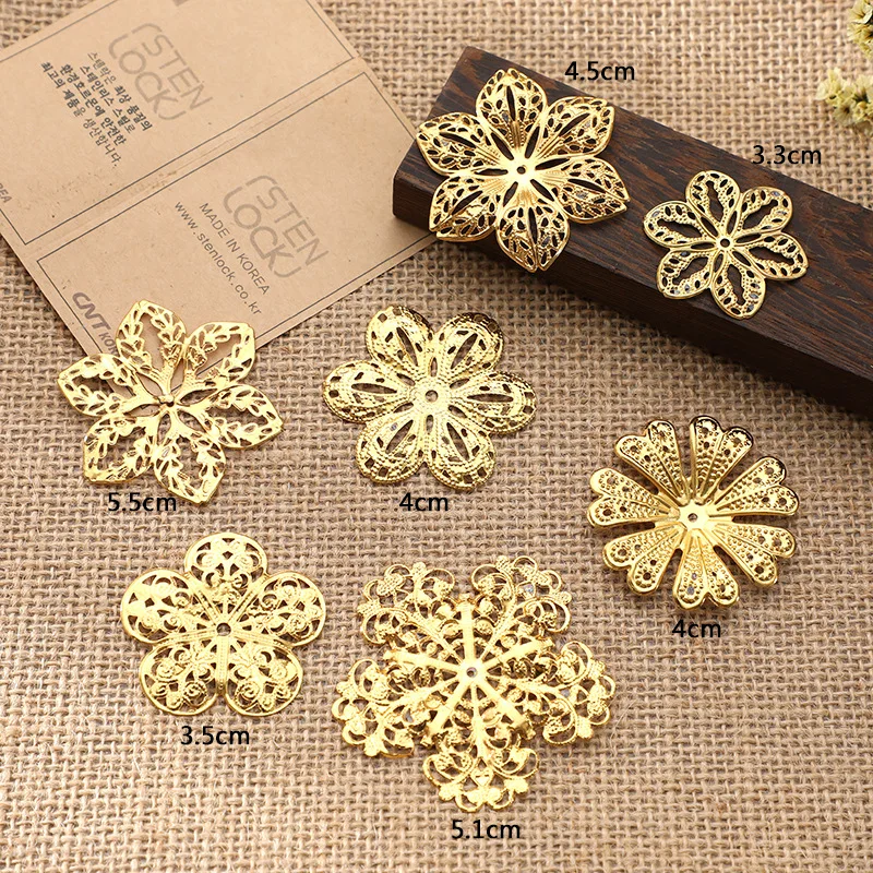 10Pcs Gold Flower Filigree Wraps Connectors Metal Crafts Gift Hair Jewelry Accessories Ancient Fashion Decorative Findings