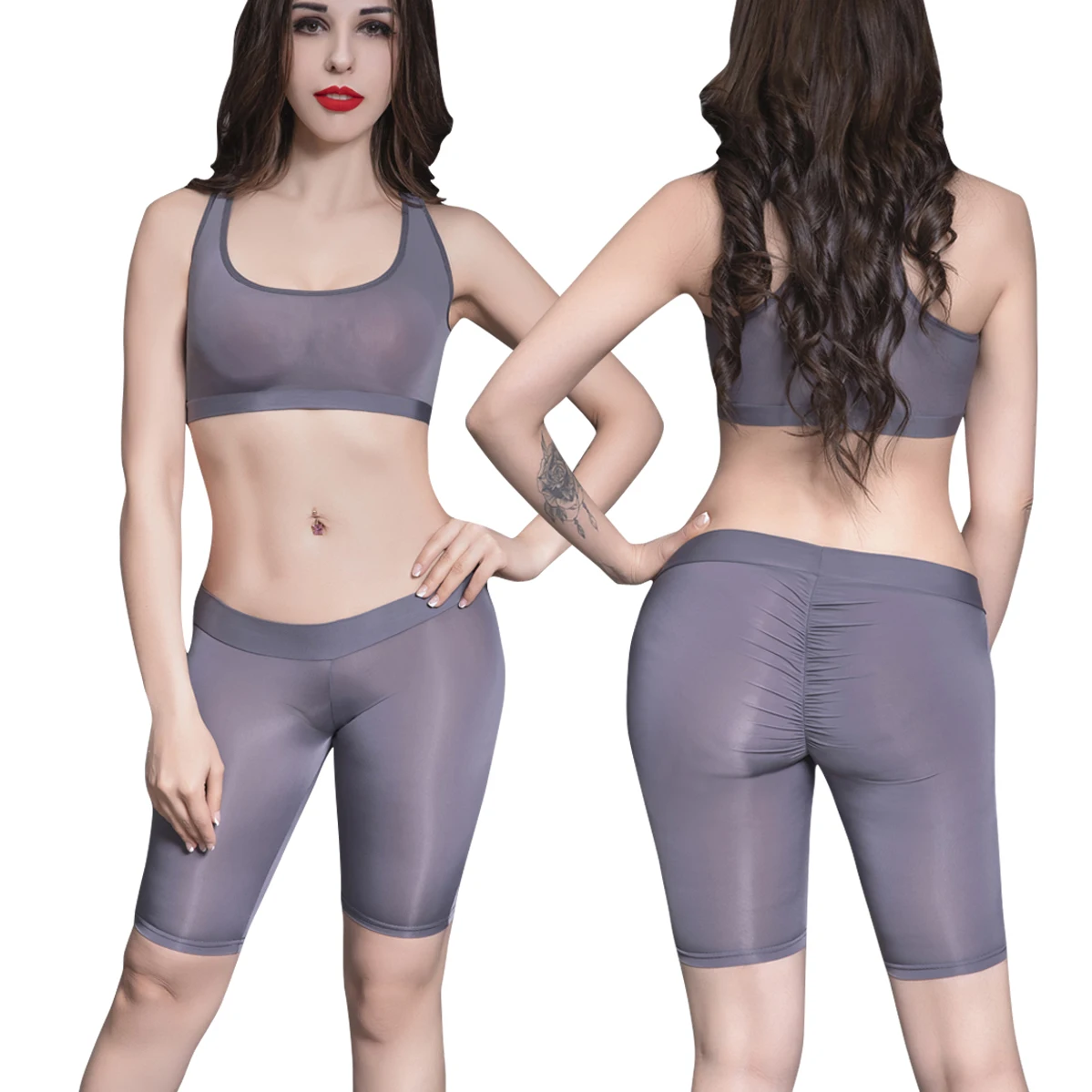 New Sexy women Yoga Suit Oily pants+ top Tight Shiny Shorts High elastic Workout set Transparent Sports Silky Leggings