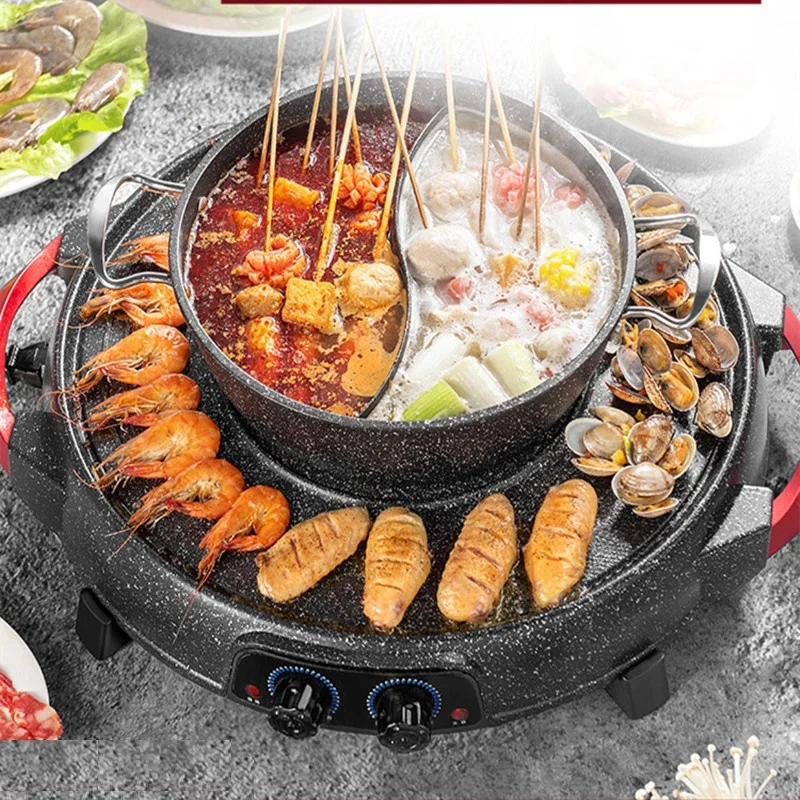 

220V Electric Barbecue Grill Machine 2 In 1 Hotpot Non-stick Household Multi Cooker Pan Hot Pot Two Flaver Hot Pot