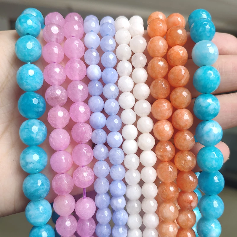 Natural Jades Stone Bead 4-12mm Faceted Purple Blue Chalcedony Round Loose Beads for Jewelry Making DIY Bracelet Accessories 15'