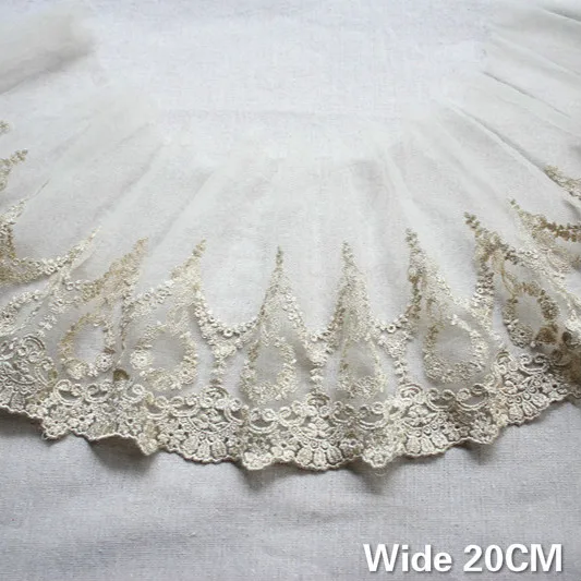 20CM Wide White Tulle Lace Fabric Glitter Gold Thread Embroidery Fringe Ribbon DIY Wedding Dress Apparel Curtains Sewing Decor