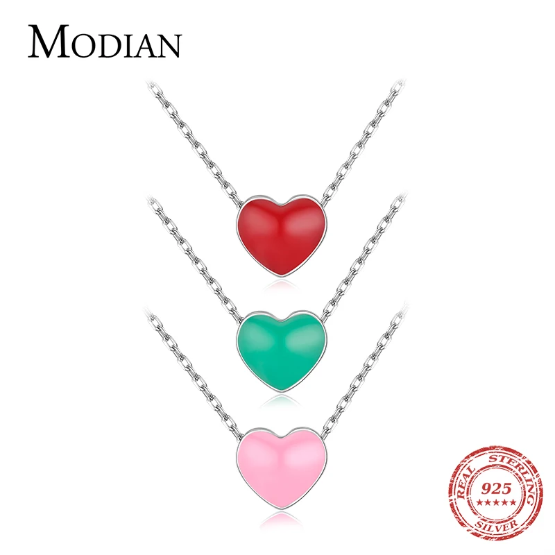 Modian 3 Color Enamel Hearts Necklace Fashion 925 Sterling Silver Charm Red Necklaces Pendant For Women Fine Female Jewelry Gift