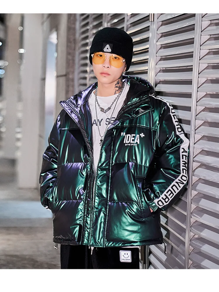 Trendy Loose Down Jacket Mens 2021 New Winter Pu Coat Colorful Glossy Printed Down Puffer Jacket Men Clothing