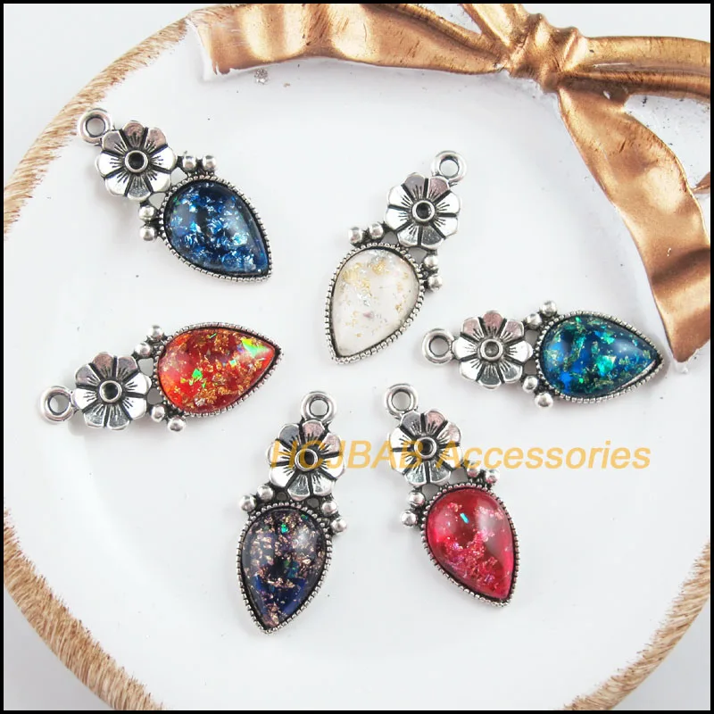 12 New Flower Charms Tibetan Silver Tone Retro Teardrop Mixed Resin Pendants 13.5x29.5mm