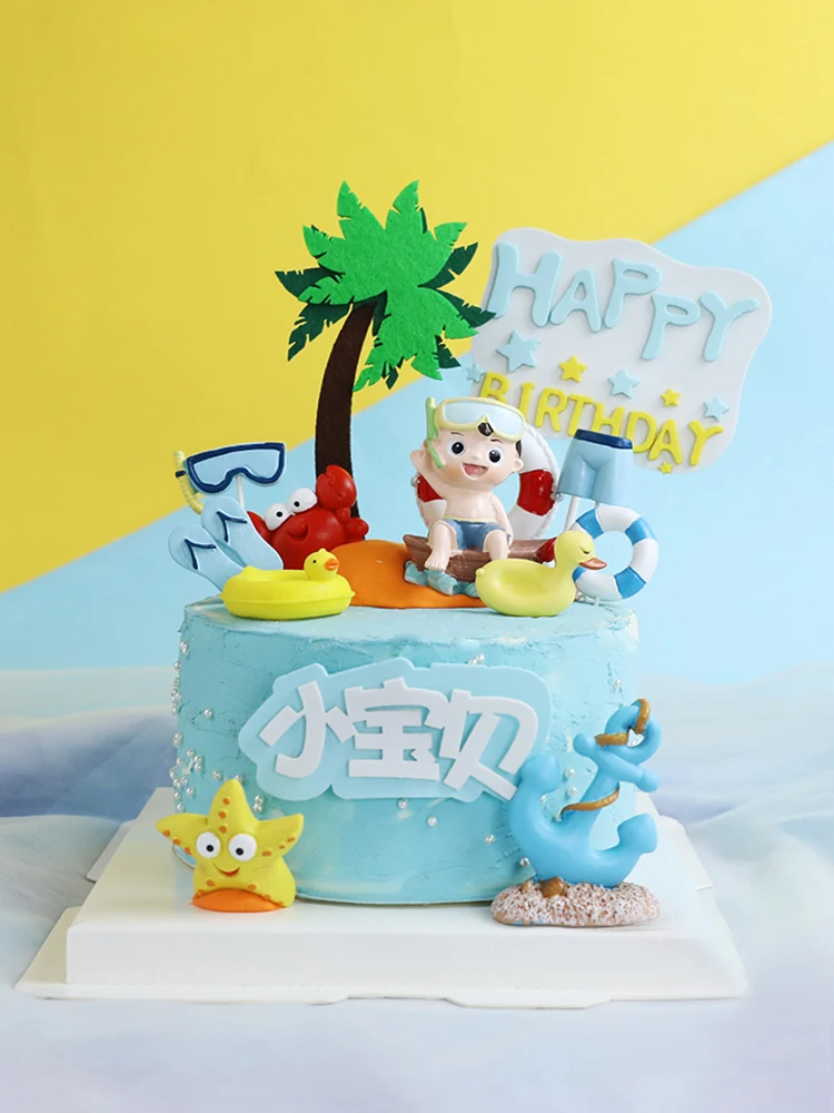 Summer Joy Sea Starfish Crab CoconutTree Diving Beach Swimming Boy Happy Birthday Cake Topper Kid Party Supplies Cake Decorating