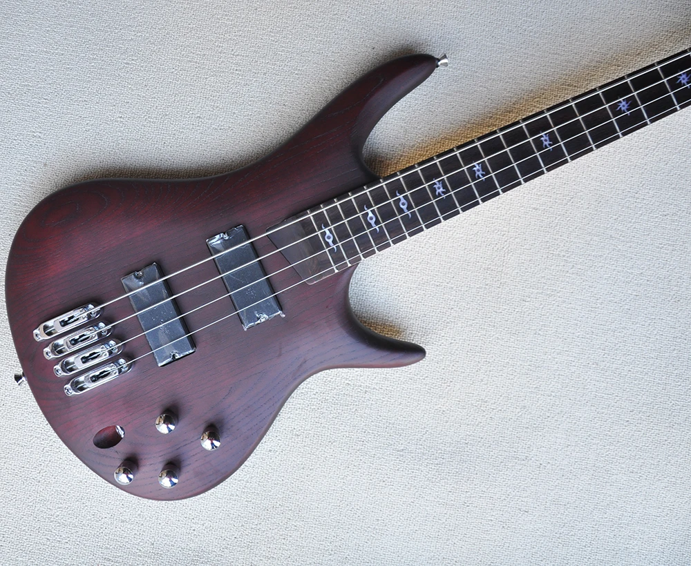 Sale-4 Strings Matte Red Brown Electric Bass Guitar with 24 Frets,Rosewood Fretboard