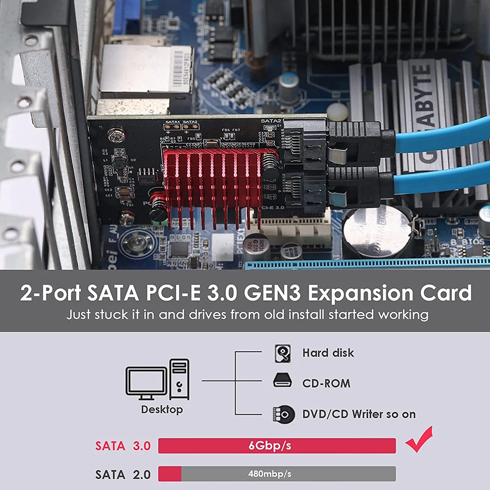 PCIe to 2 Ports SATA 3 III 3.0 6 Gbps SSD Adapter PCI-e PCI Express x1 Controller Board Expansion Card Support x4 x6 x8 x16