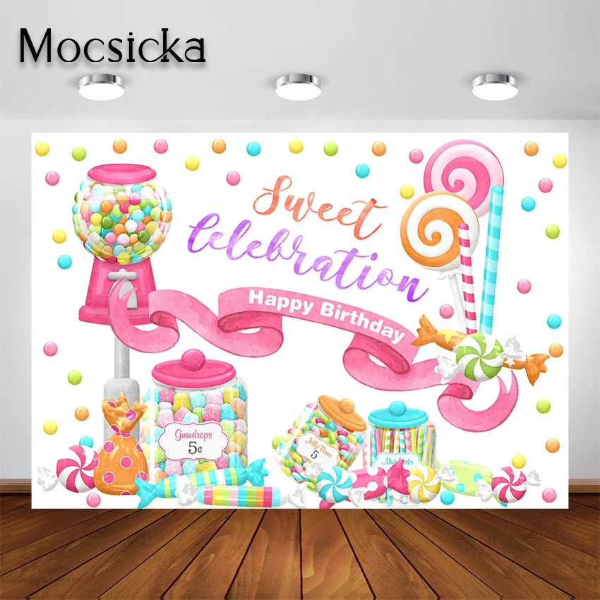 Mocsicka fondo de fiesta de cumpleaños de celebración de Candyland, decoraciones de fiesta de dulces para niñas, Fondo de fotografía, sesión de fotos