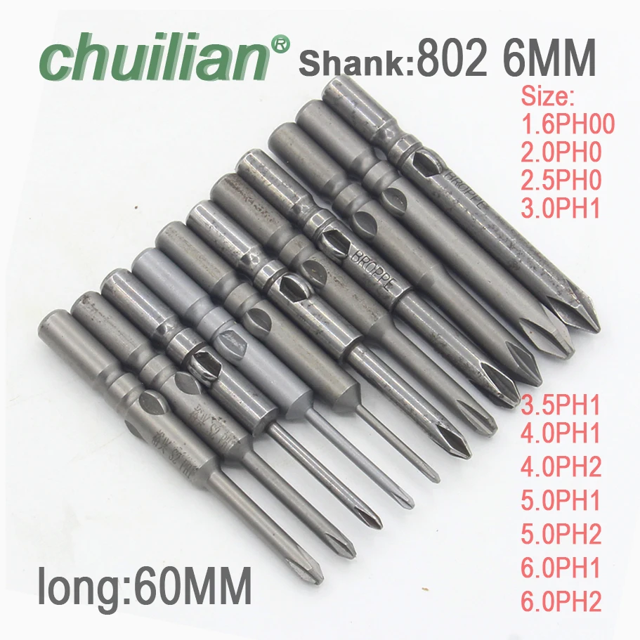 1Pcs 802 Round Shank Magnetic Phillips Cross Screwdriver Bits Electric Screwdriver Head long 60mm