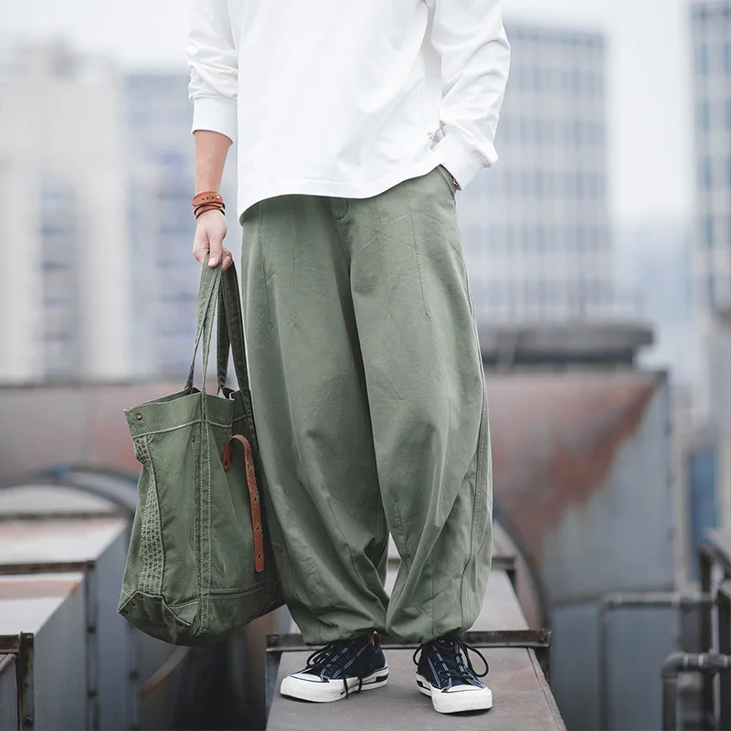 2020 New Casual Carpenter Pants Japanese Style Jogger Pants Oversize Loose Big Fat Pants With Drawstring Waist Green Khaki