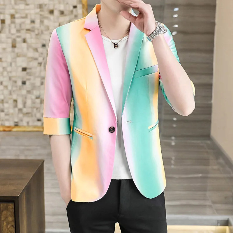 

Summer Men's Mid-sleeve Suit Gradient Tie-dye Slim Handsome Personality Color Matching Blazer