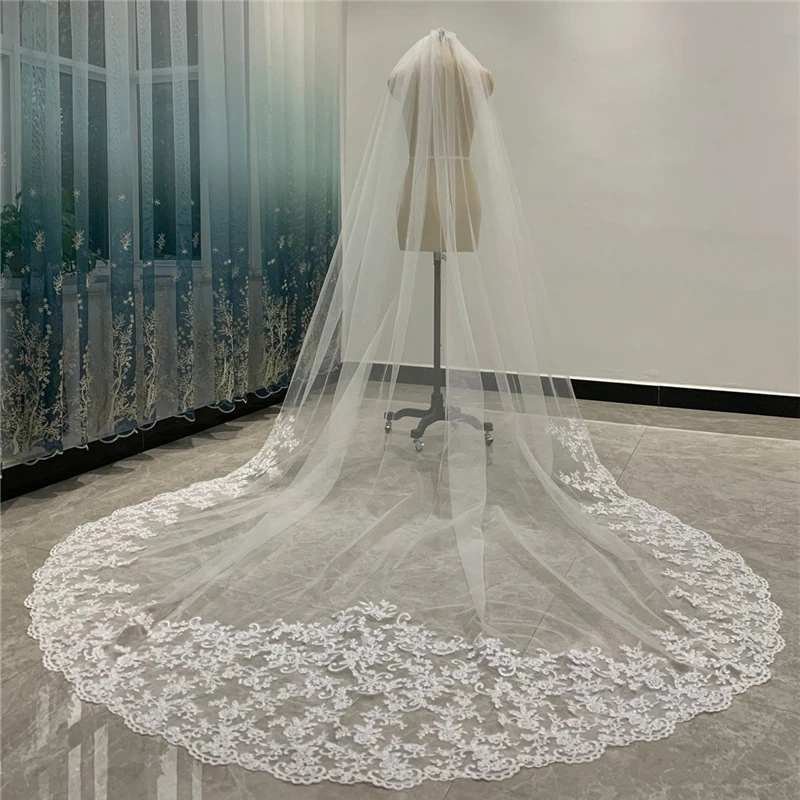 Lace Bridal Veil With Comb White Ivory Appliques Elegant Wedding Veils Accessories Headpiece for Brides Long Cathedral 5 Metres