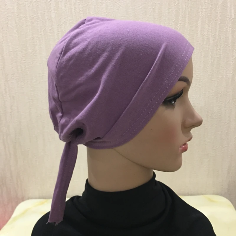 H048 Plain Cotton Tie Back Hats Muslim Turban Pure Color Stretch Inner Hijabs Underscarf Women Head Scarf Under Hijab Bonnet