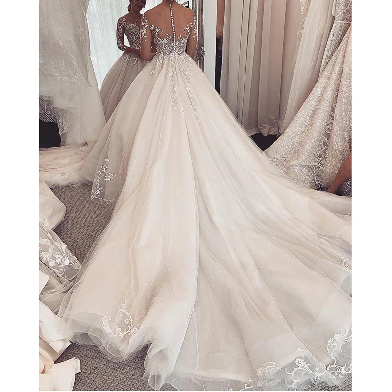 Encantador vestido de novia de encaje, manga larga transparente, ilusión hecha a medida, línea A, 2020