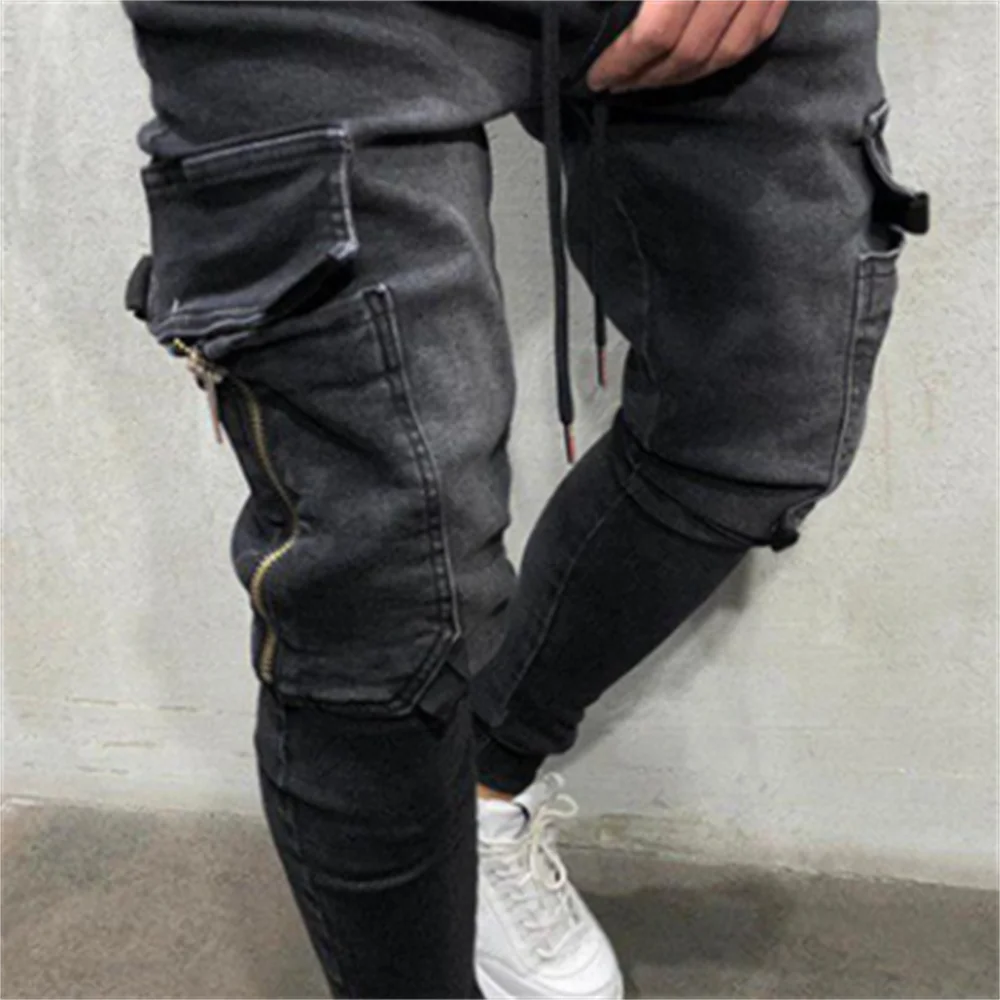 EH · MD® Zip Pocket Jeans Men's Feet Casual Trousers Soft Fabric Skinny Solid Color Fashion Slim 2020 Trendy Brand Black Blue