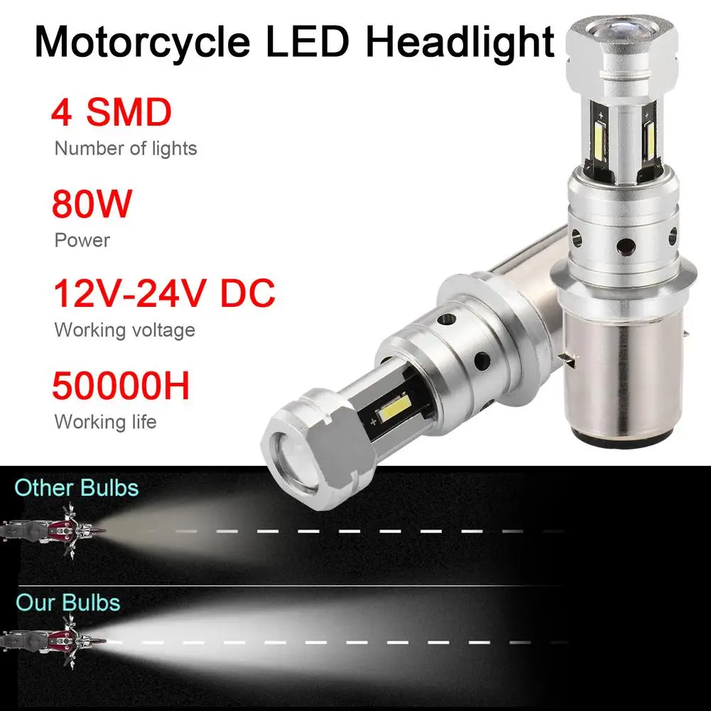 Motorcycle LED Headlight BA20D 4 SMD High Low Beam Bulbs Motorbike Head Lamp 6000K 80W White Light DC 12V-24V 4000LM