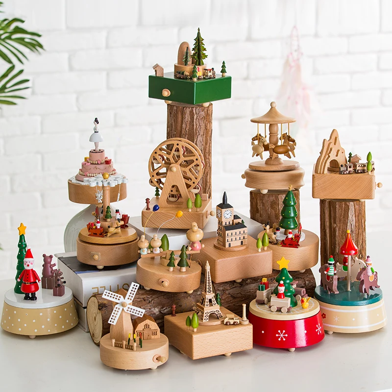 Christmas Wooden Decoration Gift Rotating Music Box Carousel Ferris Wheel Handmade Music Boxes Christmas Gifts Wood Crafts