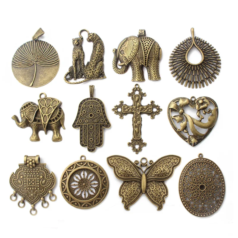 2pcs New Antique Bronze Large Butterfly Flower Elephant Leopard Heart Cross Charms Pendant For Necklace Jewelry Findings Making