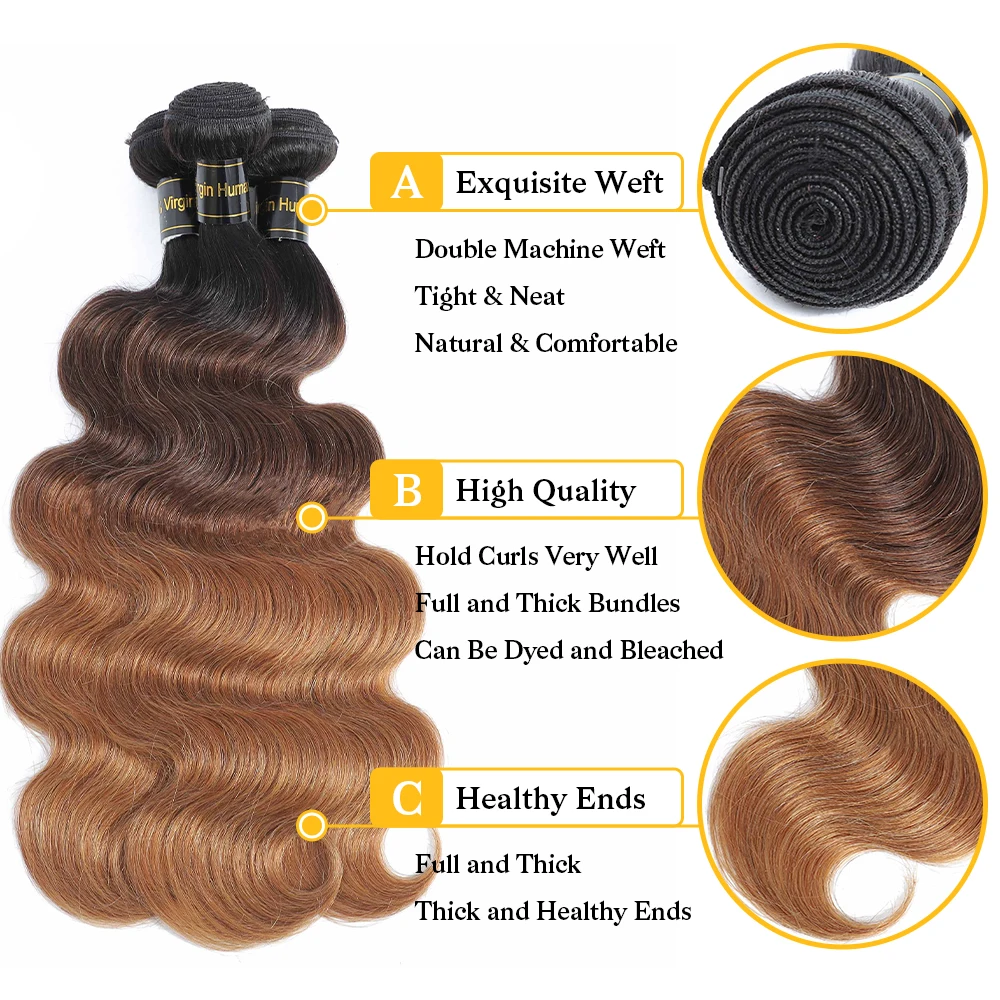 أومبير اللون الجسم موجة حزم الشعر البشري مع إغلاق البرازيلي عذراء الشعر حزم 1b/4/27 1b/4/30 نسج الشعر حزمة الشعر البشري #4