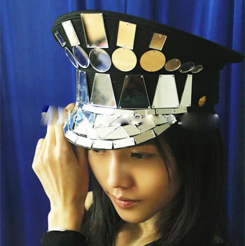 Gold mirror hat silver glass cap Nightclub men women DS singer performance shiny military cap flat cap